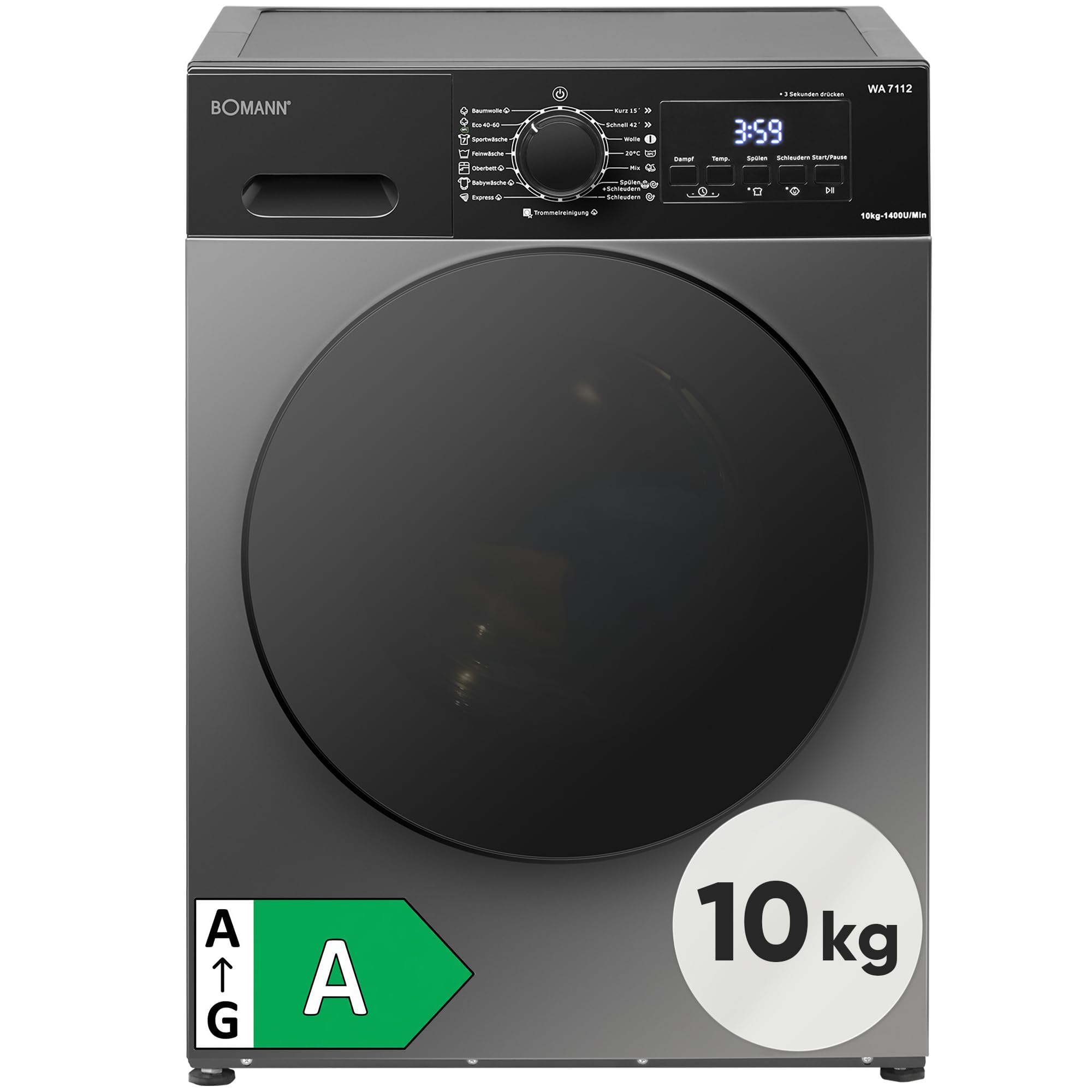 Bomann® Waschmaschine 10kg | 5 Jahre Motor-Garantie | Invertermotor - effizient, leise & langlebig | inkl. Aqua-Stop | max. 1400 U/min | 15 Programme | LED-Display | Washing Machine | WA 7112 schwarz