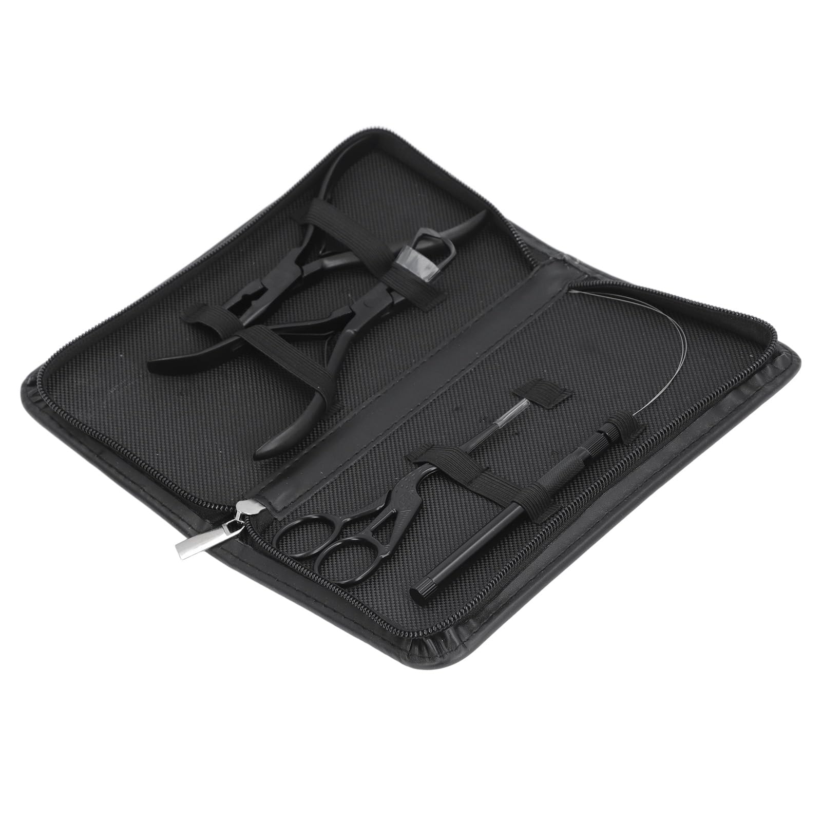 Walmeck Le Kit D'outils D'extension de Cheveux Comprend 4 Pinces en Acier Inoxydable, Boucle de Fil, Crochet Perles, Aiguille, Petits Ciseaux avec Sac Rangement pour Extensi (noir)