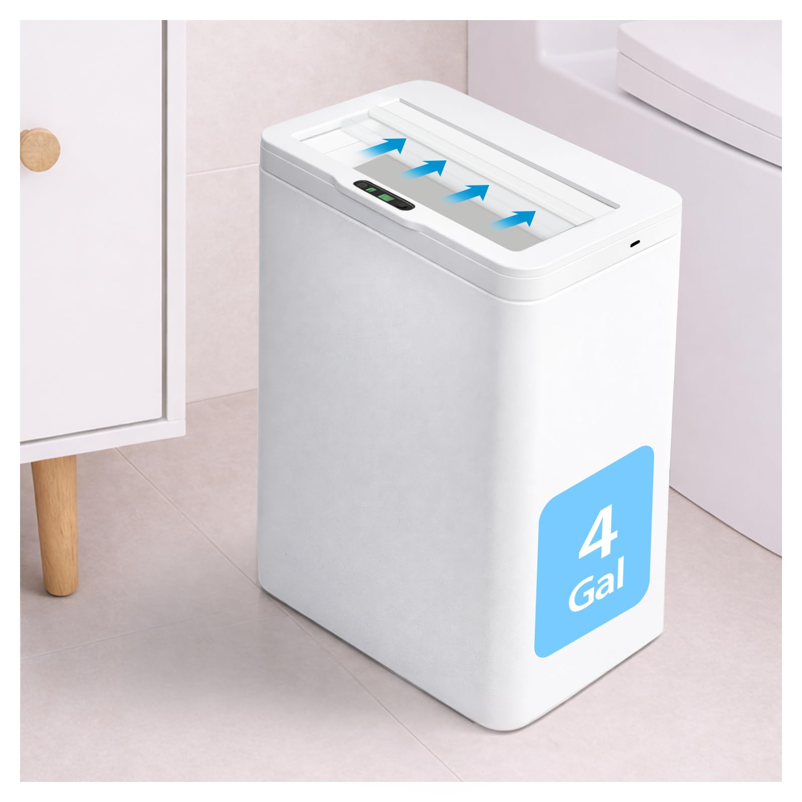 Photo 1 of [TOP OF TRASH CAN WON'T ROLL BACK] dskiley Rechargeable Motion Sensor Trash Can, 4 Gallon Bathroom Trash Can with Lid, Touchless Automatic Smart Slim Garbage Can for Narrow Spaces, Office, RV, Bedroom
