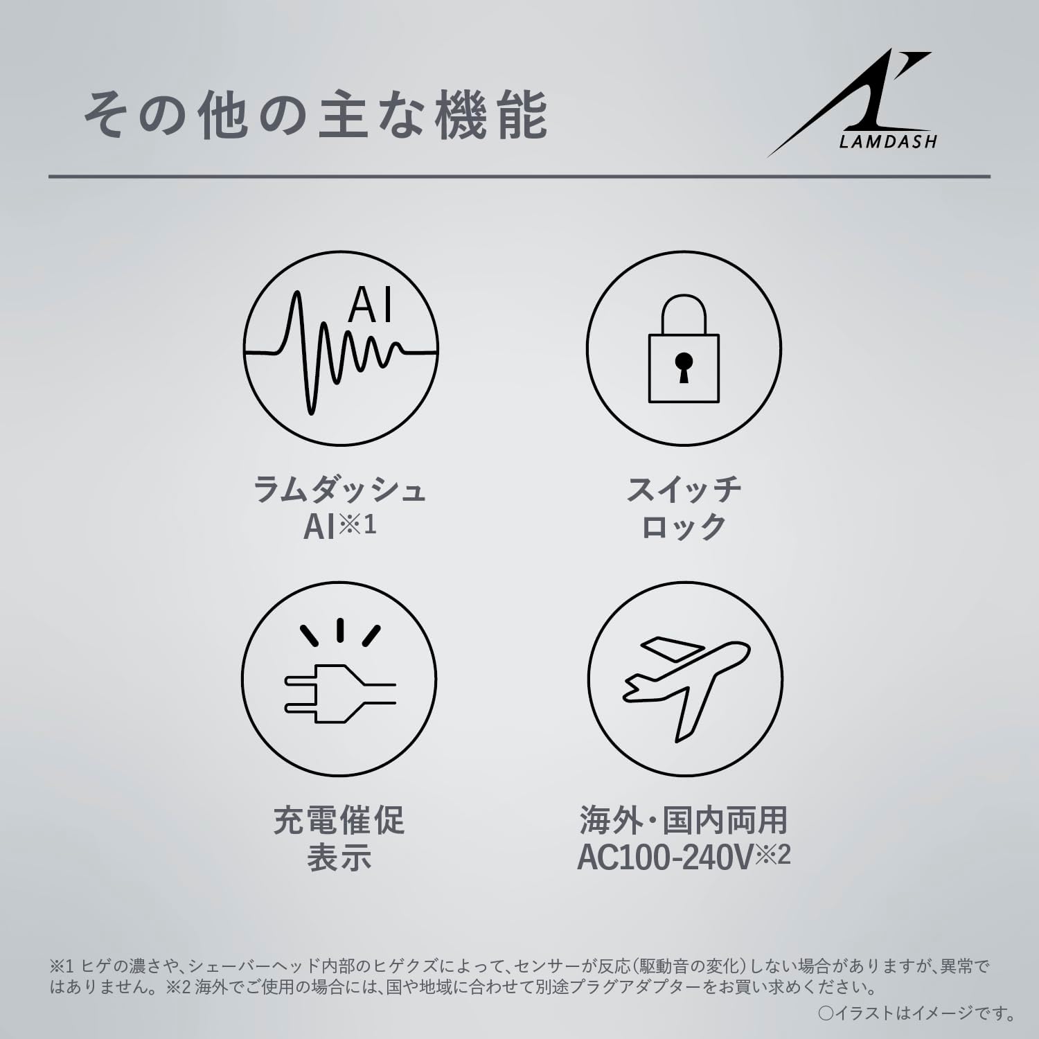 Icons representing additional features: Lamdash AI, Switch Lock, Charge Indicator, and Worldwide AC100-240V compatibility.
