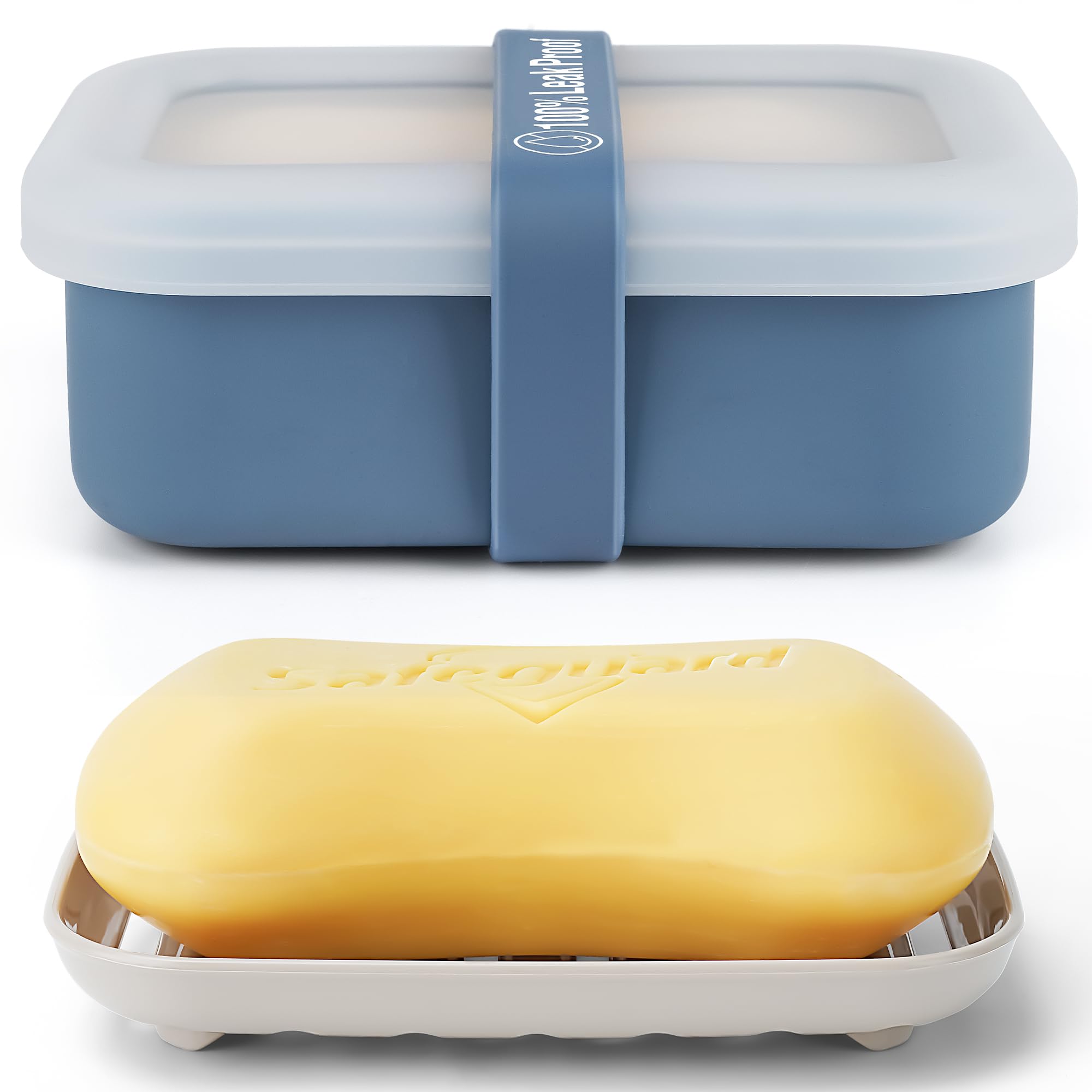 Compact Leakproof Travel Soap Case with Lid & Silicone Strap - Portable Draining Soap Bar Holder for Gym, Bathroom, Camping - Lightweight Silicone Soap Dish Container (Blue)