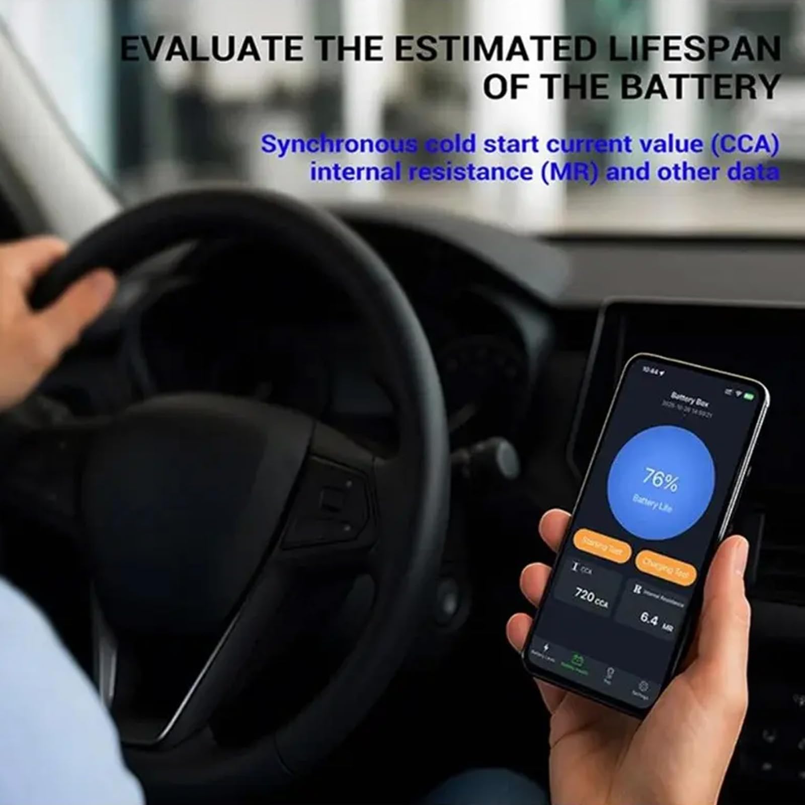 BM9 Analyseur de batterie de voiture avec surveillance des données, moniteur de batterie pour tension, état de santé et suivi de la température, analyseur de santé
