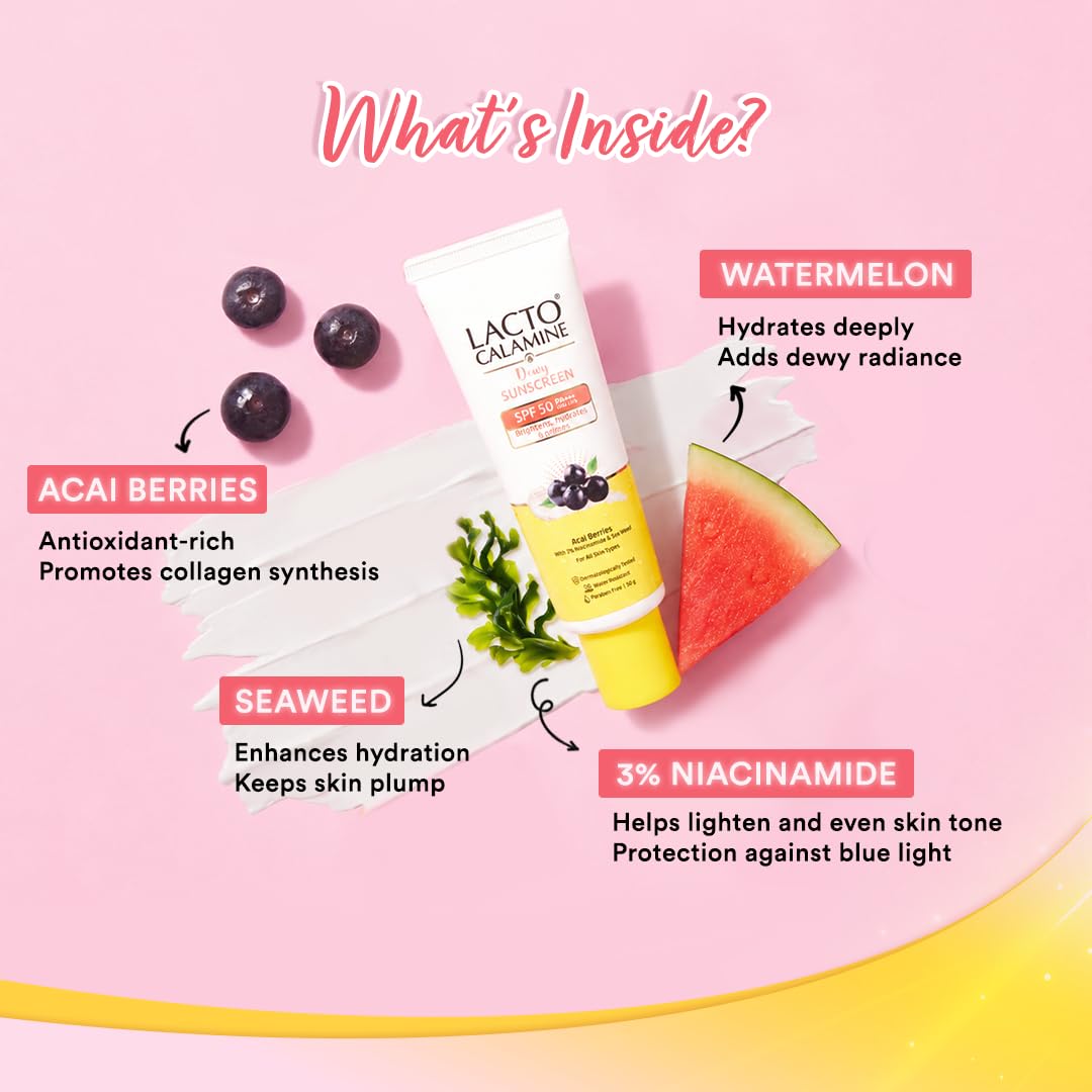 Lacto Calamine Dewy Glow Lightweight Sunscreen SPF 50 PFA +++ UVA & UVB Protection-Oily Skin | Acai Berries, Niacinamide & Watermelon | Dermatologically Tested | 50g 2