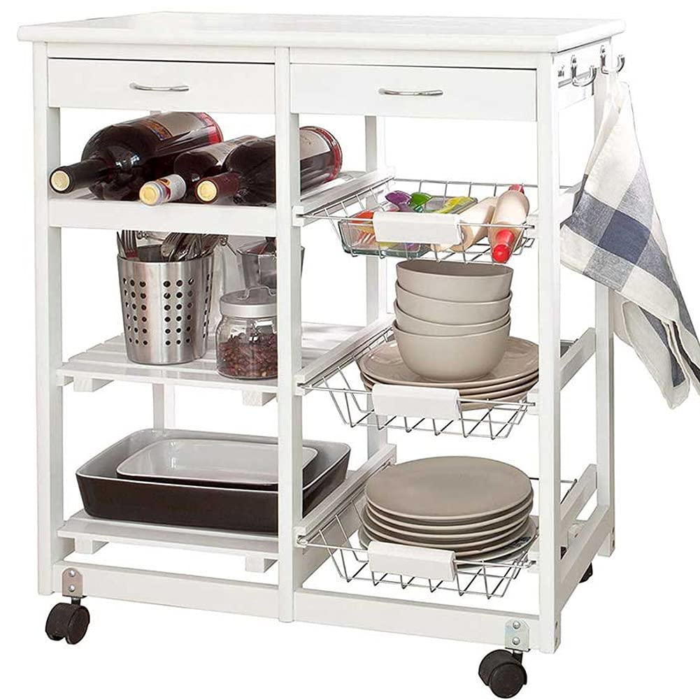 BAKAJI Carrello da Cucina in Legno Trolley Salvaspazio 3 Scomparti 3 Cestelli Struttura Con Ruote Dimensione 67 x 37 x 75 cm Colore Bianco