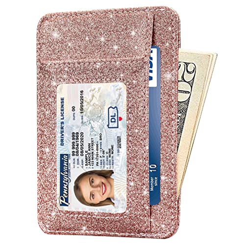 Hotcool Card Holder Wallet Front Pocket Minimalist Leather With Rfid Blocking Card Holder Wallet For Men & Women, Glitter Rose #TOP1