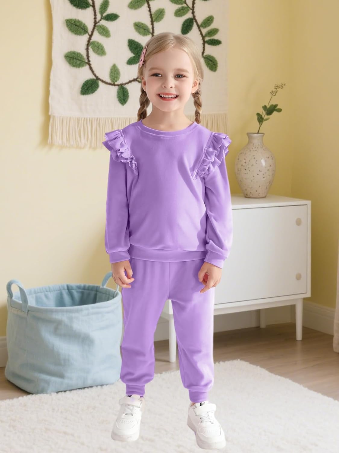 ESHOO Girls 2 Piece Outfits Kids Velour Sweatsuit Fall Tracksuits Ruffle Long Sleeve Sweatshirt Sweatpants Clothing Sets - Image 4