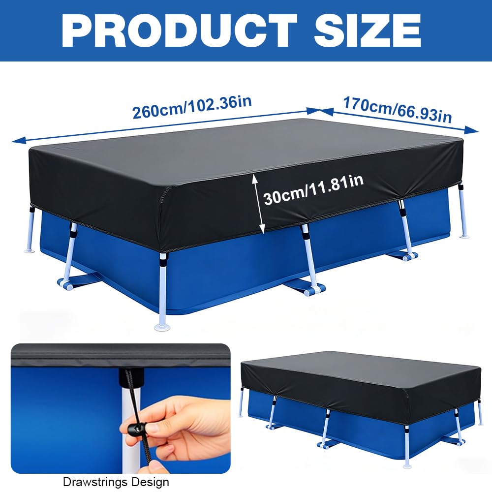 Poolabdeckung Rechteckig, 260 x 170 cm Pool Abdeckung Rechteckig, UV-Schutz, Winddicht und ReißFest Abdeckplane Pool, Sommer & Winter Poolplane für Rectangular Frame Pool, Schwarz