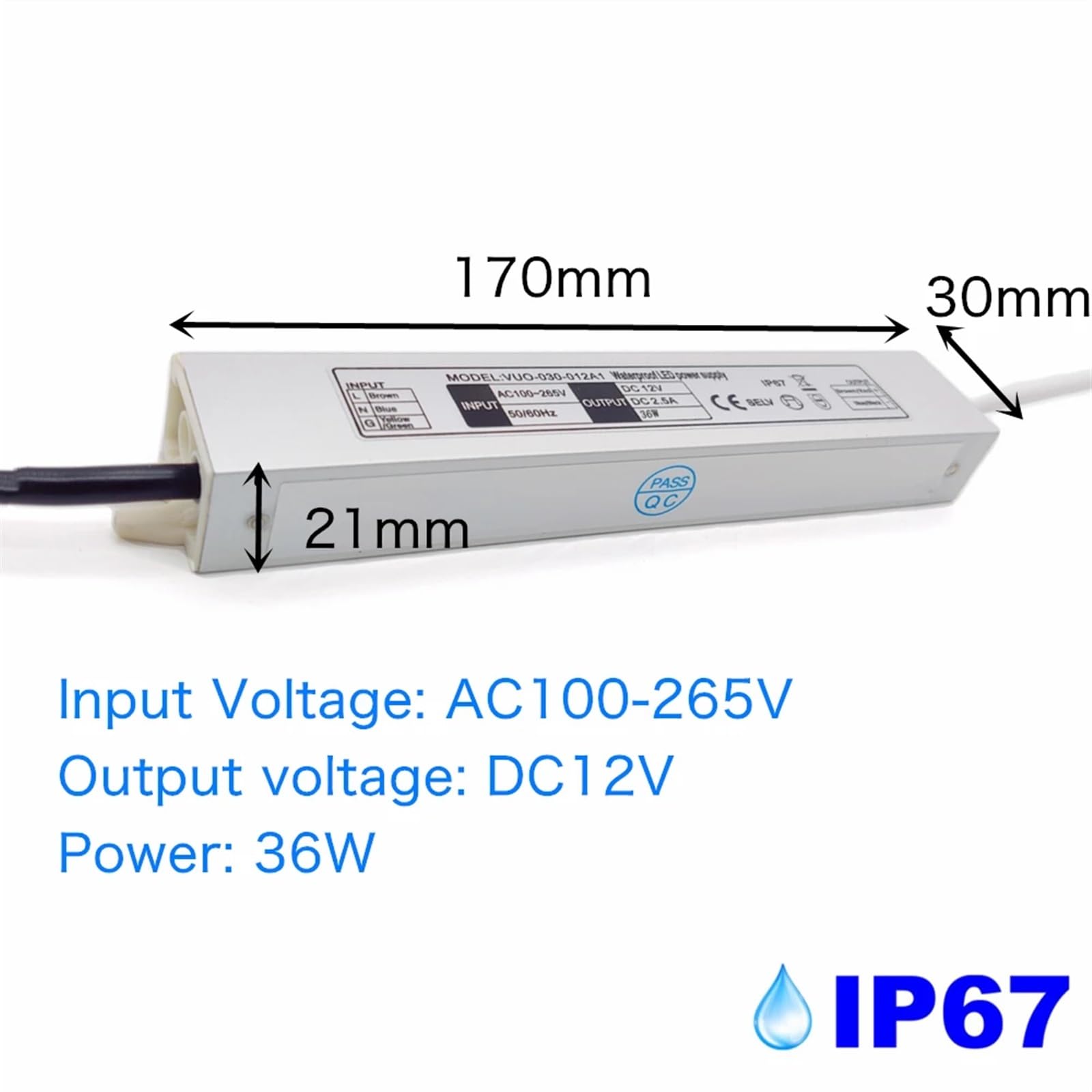 Driver LED impermeabile IP67 12W 20W 36W Alimentatore LED Ingresso 12V CC AC100-240V Illuminazione di potenza(12V 1.6A)