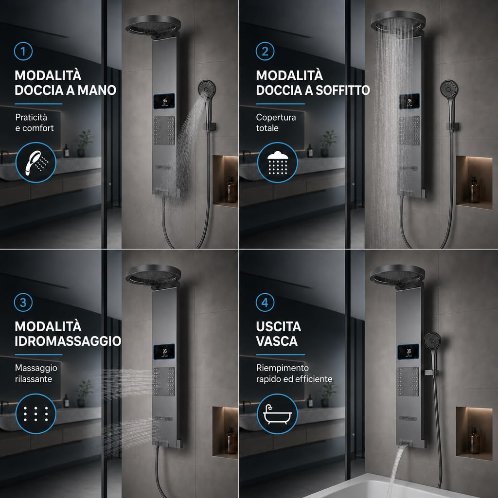 INEX EUROPA Pannello doccia termostatico di lusso grigio titanio - Colonna doccia idromassaggio con 10 anni di garanzia e 4 modalità di funzionamento - Torre doccia alta 105 cm, collezione Daytona