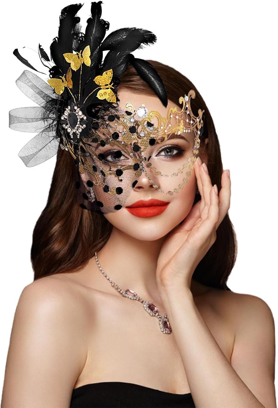 Campsis Women Masquerade Mask Feather Mask Gold Mardi Gras