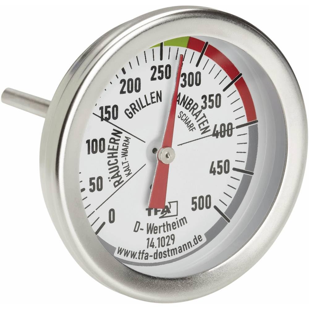TFA Dostmann 141029 BBQ Thermometer, Analog, 14.1029, zur Garraumtemperaturmessung, für den Grill/Smoker, aus Edelstahl, 18/8, Silber, Ø 52 x H 67 mm
