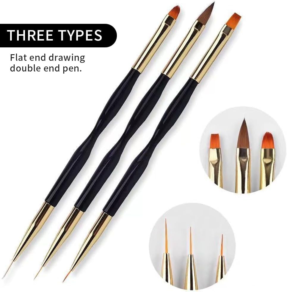 INOG 3Pcs Nail Drawing Pen, Dual End Nail Art Pen Brush Acrylic Round Flat Painting Drawing Liner Nail Tools 3