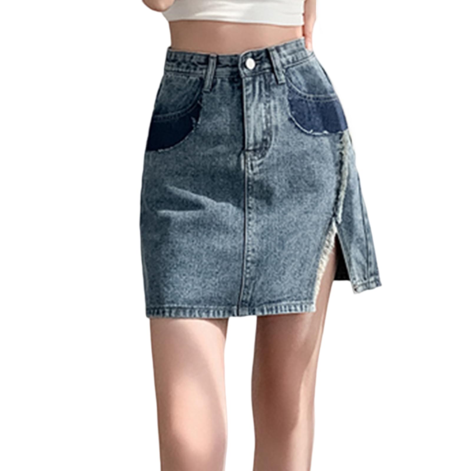 OLEETS Falda Vaquera Corta De Mujer - Falda Vaquera Informal De Cintura Alta para Mujer, Ropa De Calle De Estilo Coreano A La Moda para Primavera Y Otoño con Bolsillos De Talla Grande