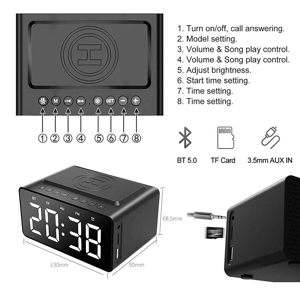ERNZI Radiosveglia con Altoparlante Bluetooth, Sveglia a Ricarica Wireless da Comodino con Display a LED dimmerabile a 4 Livelli, Batteria di e Porta USB