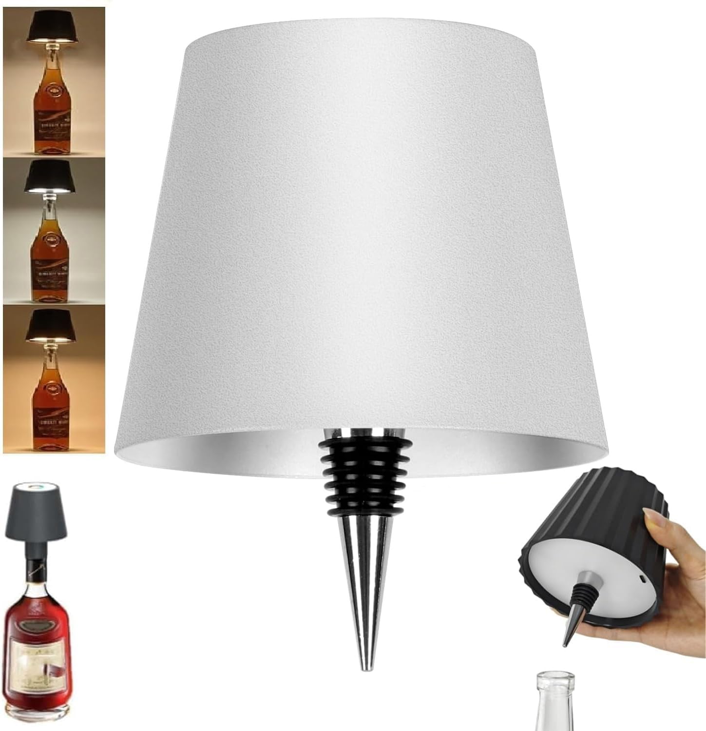 HiGropcore 2Pcs Wireless Bottle Lamp - 3 Colors Dimmable LED Wine Bottle Lights with Touch Control for Living Room, Restaurant, Bar (2PCS-White)