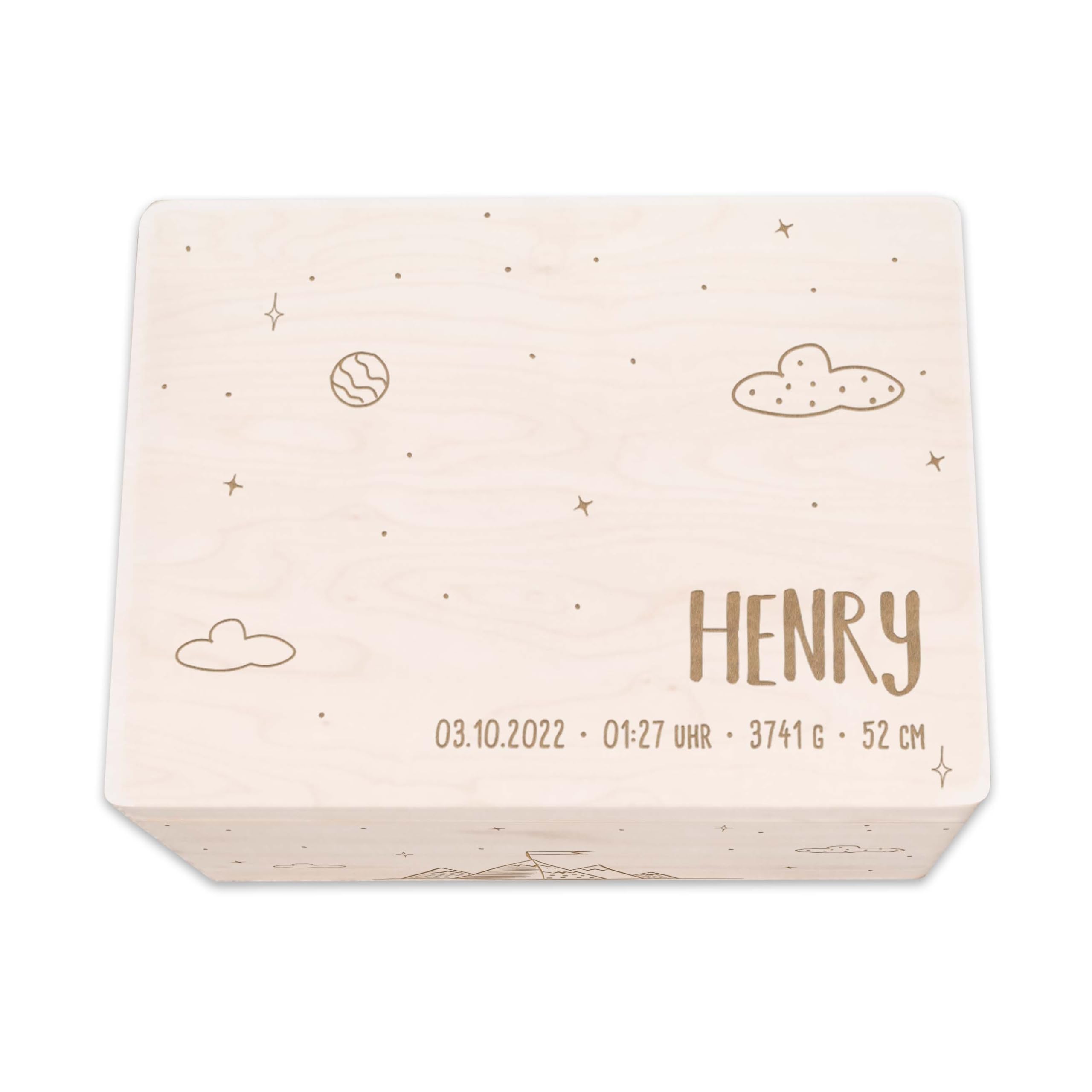 hellomini Personalisierte Erinnerungsbox aus Holz • Gravierte Aufbewahrungsbox mit Namen & Geburtsdaten • Geschenk zur Geburt, Taufe & Geburtstag • Hochwertige Baby-Erinnerungskiste (Bergwelt)