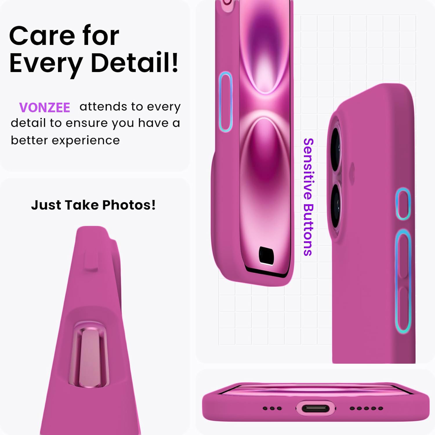 Elzzi Microfiber Logo Cut Cover Compatible for iPhone 16 Case Liquid Silicone Cases Full Body 4 Layer Protective Covers Shockproof Back Cover with High Raised Camera Lips (6.1 inch, Hot Pink) 18