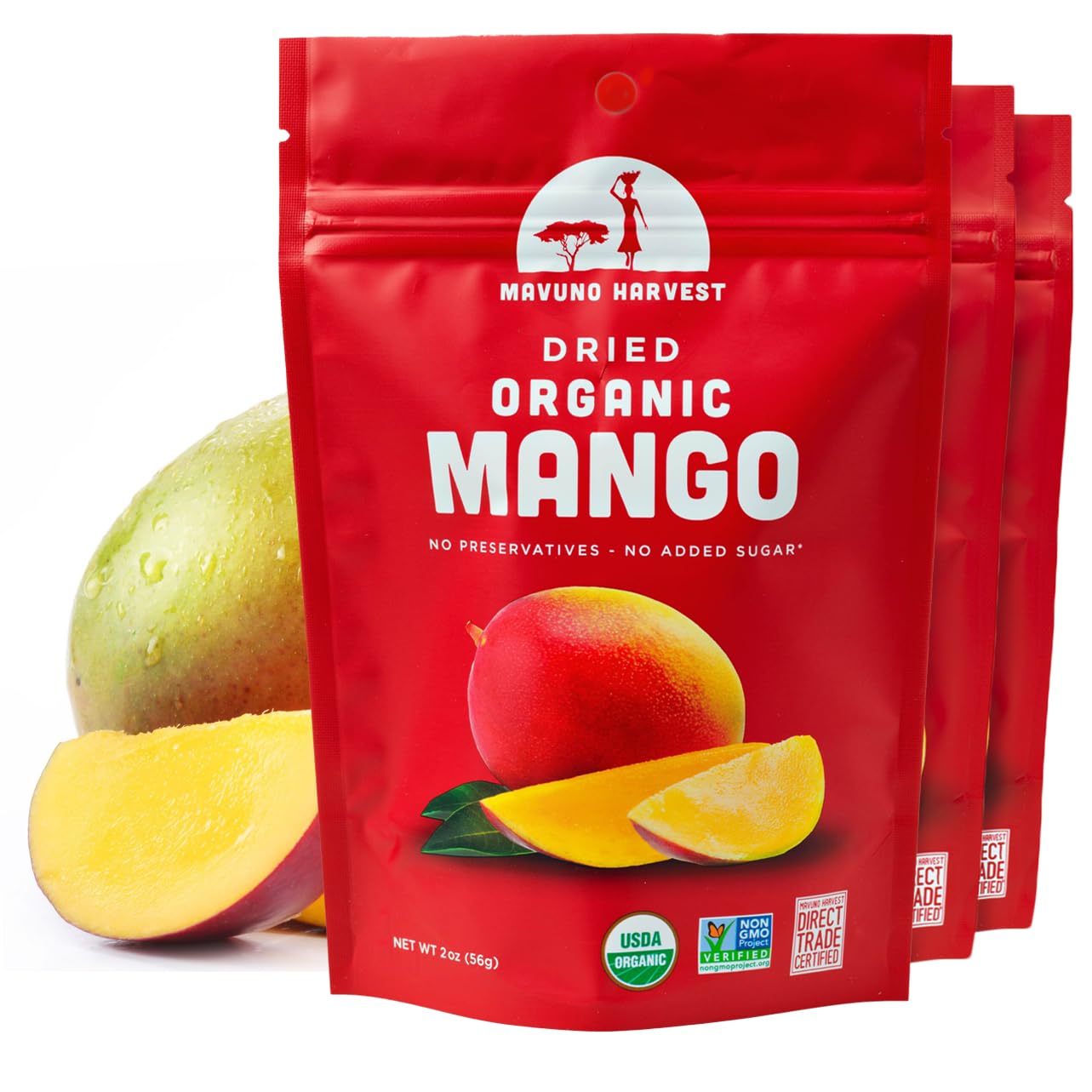 Mavuno Harvest Mango Dried Fruit Snacks | Unsweetened Organic Dried Mango Slices | Gluten Free Healthy Snacks for Kids and Adults | Vegan, Non GMO, Direct Trade | 2 Ounce, Pack of 3USDA Organic