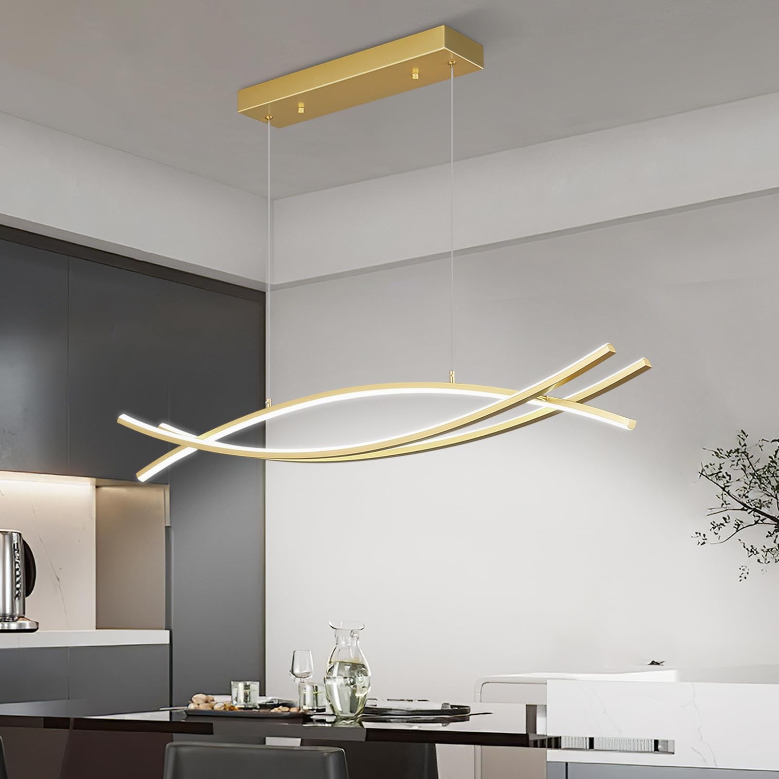 Modern Gold LED Chandelier 6000K 28W dimmable Pendant Light for Living Room Dining Room Kitchen Island Bedroom Foyer