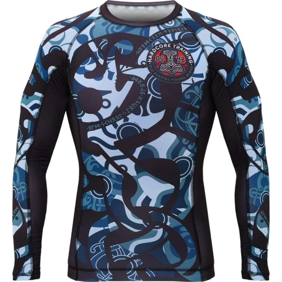 Hardcore Training Rash Guard Mężczyźni Kompresja Koszulka Długi Rękaw BJJ MMA No-Gi Obcisła Grappling Boks (DE/NL/SE/PL, Alfa, L, Regularny, Regularny, Light Blue/Blue)