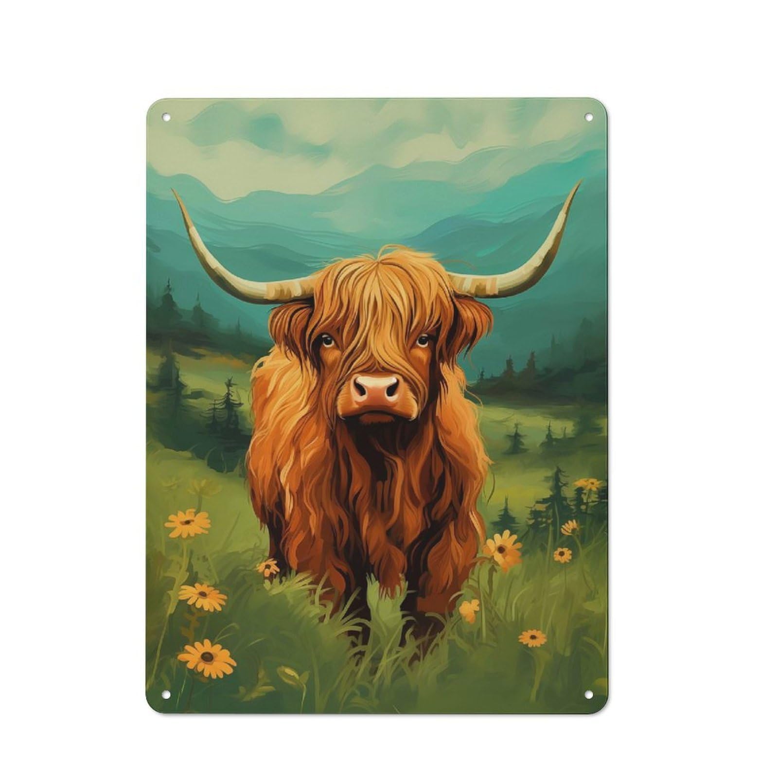 Junmoney Style-1 Highland Cow In Meadow Garage Metal Sign 40X30cm, Weathered Look Shed Wall Plaque For Garage, Workshop, Shed Or Utility Room