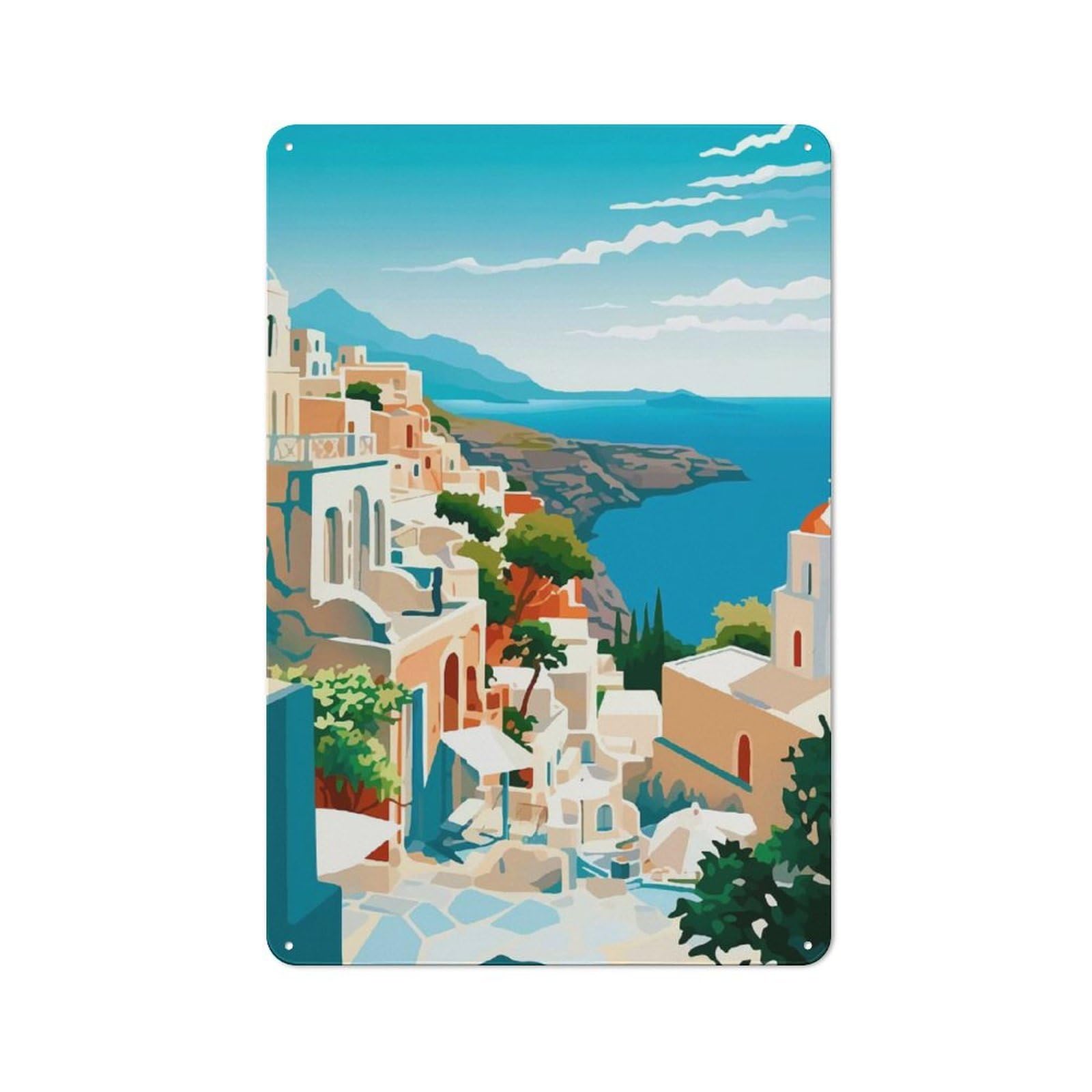 Junmoney Style-4 Mediterranean Village Seascape Metal Wall Sign 30X20cm, Rustic Decor For Pub Or Café, For Home Interiors, Feature Walls And Decorative Displays