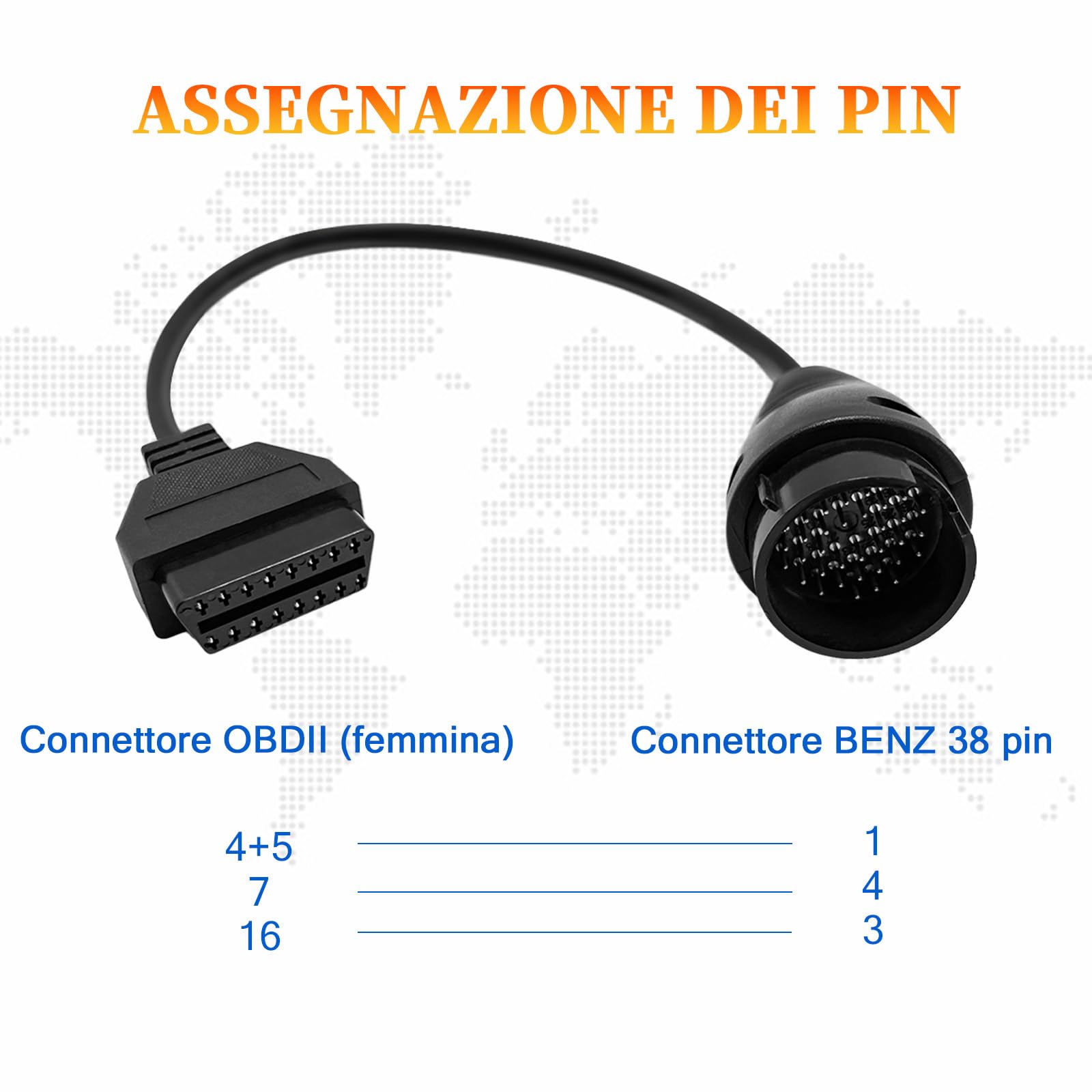 Cavo di adattatore OBDII per la diagnostica, adatto all’adattatore OBD per benz 38 Pin to 16 Pin, Obd2 Adapter Cable compatibile con il connettore mercedes 38pin Pre-2001,lavora con lo scanner ELM327