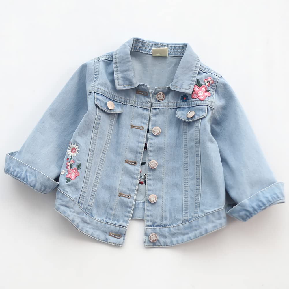 Veste en Jean Enfant Fille Manteau en Denim Brodé Blouson Trench-coat à Col Revers pour Printemps Automne