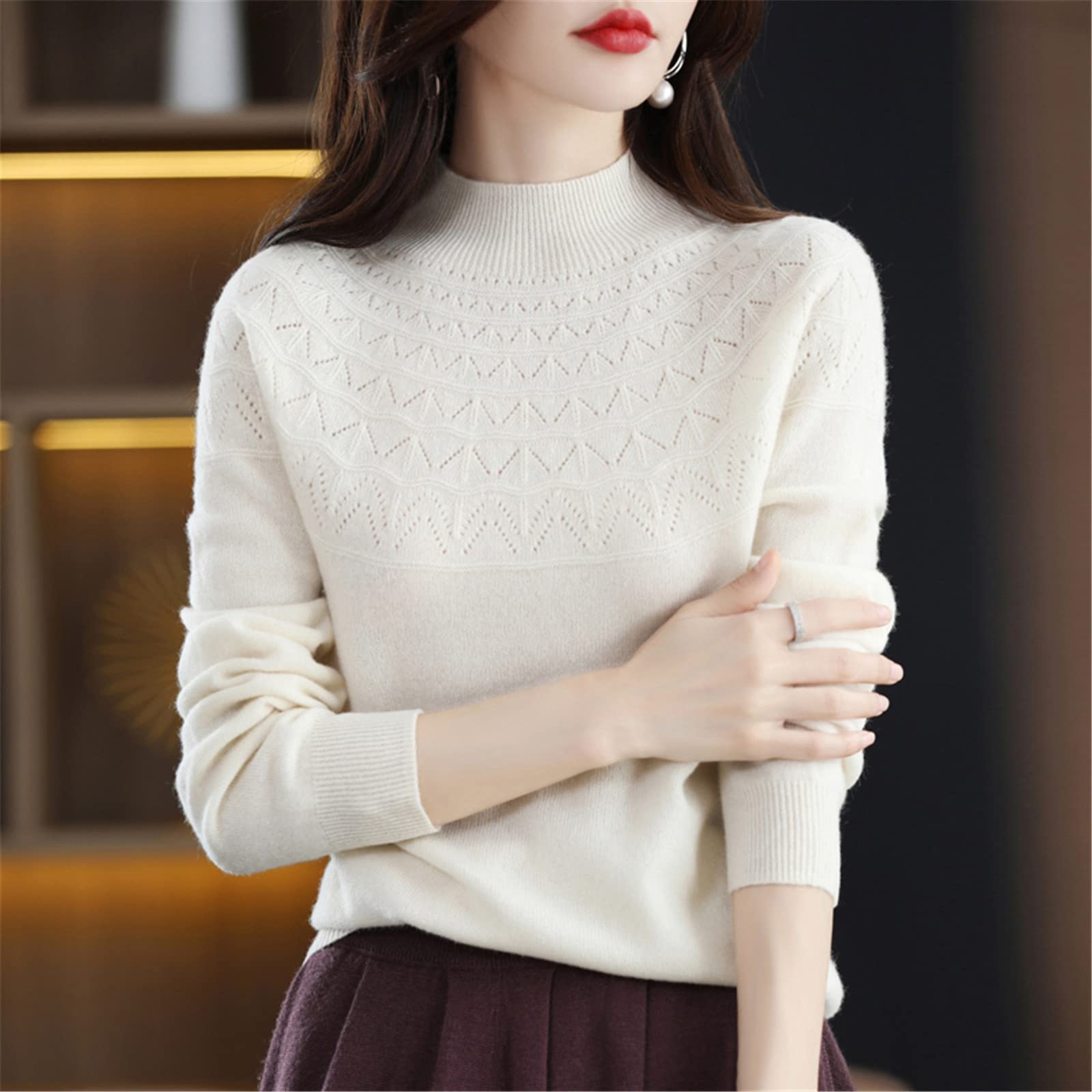 Kelsiop Otoño e invierno sin costuras de una sola línea listo para usar suéter de mujer 100% lana de cuello alto recortado suéter