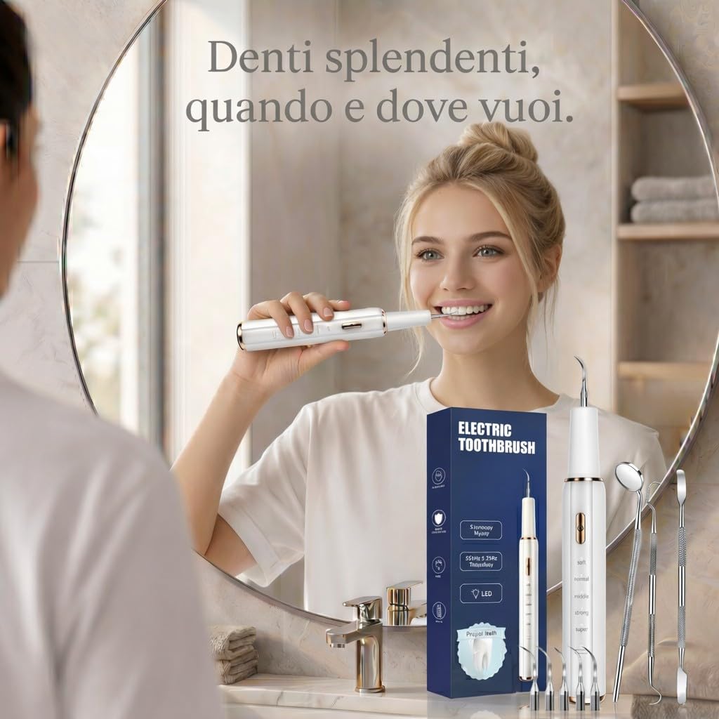Kit Pulizia Denti Tartaro，Spazzolino Elettrico Ultrasuoni Intelligente con 5 Modalità Per Rimozione Placca e Macchie con 5 Testine Intercambiabili e Luci LED per Pulizia Tartaro Uso Quotidiano a Casa