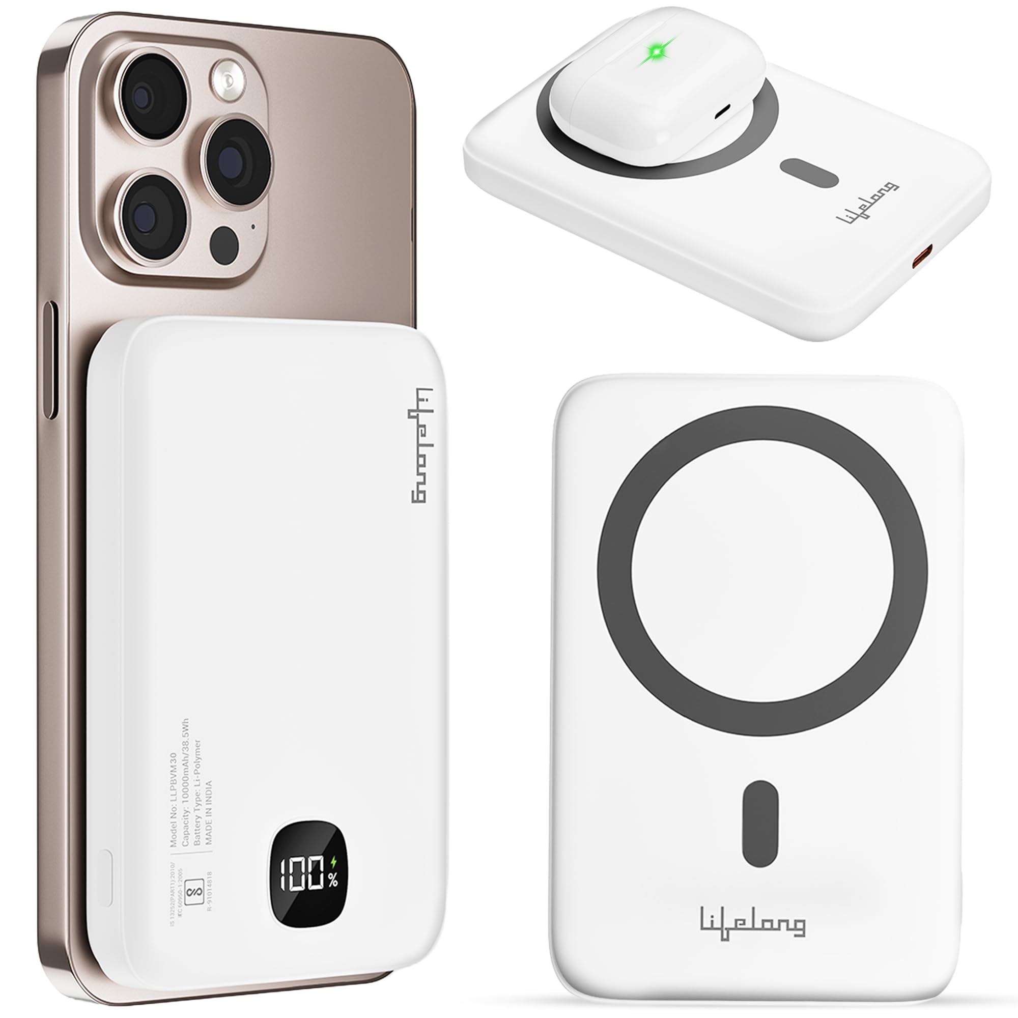 Lifelong Electronics MagSafe Wireless & Wired 10000mAH Power Bank | Fast Charging Powerbank for iPhone, Android & All Qi Devices | Digital Display & Strong Magnet Hold | Magnetic Ring & Cable Included
