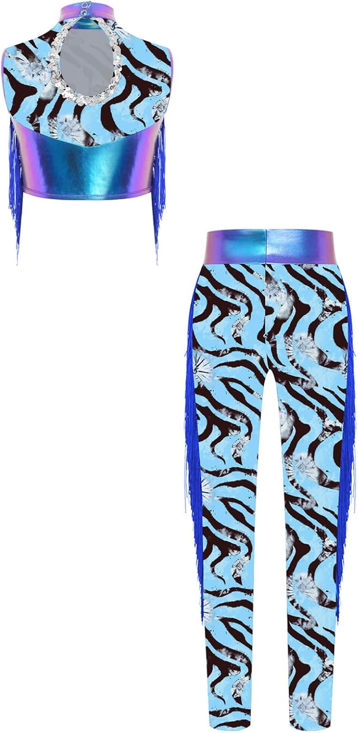 Loyan Figure Skating Outfit for Girls Tassel Latin Dance Costume Crop Top with Sports Leggings Yoga Activewear Set