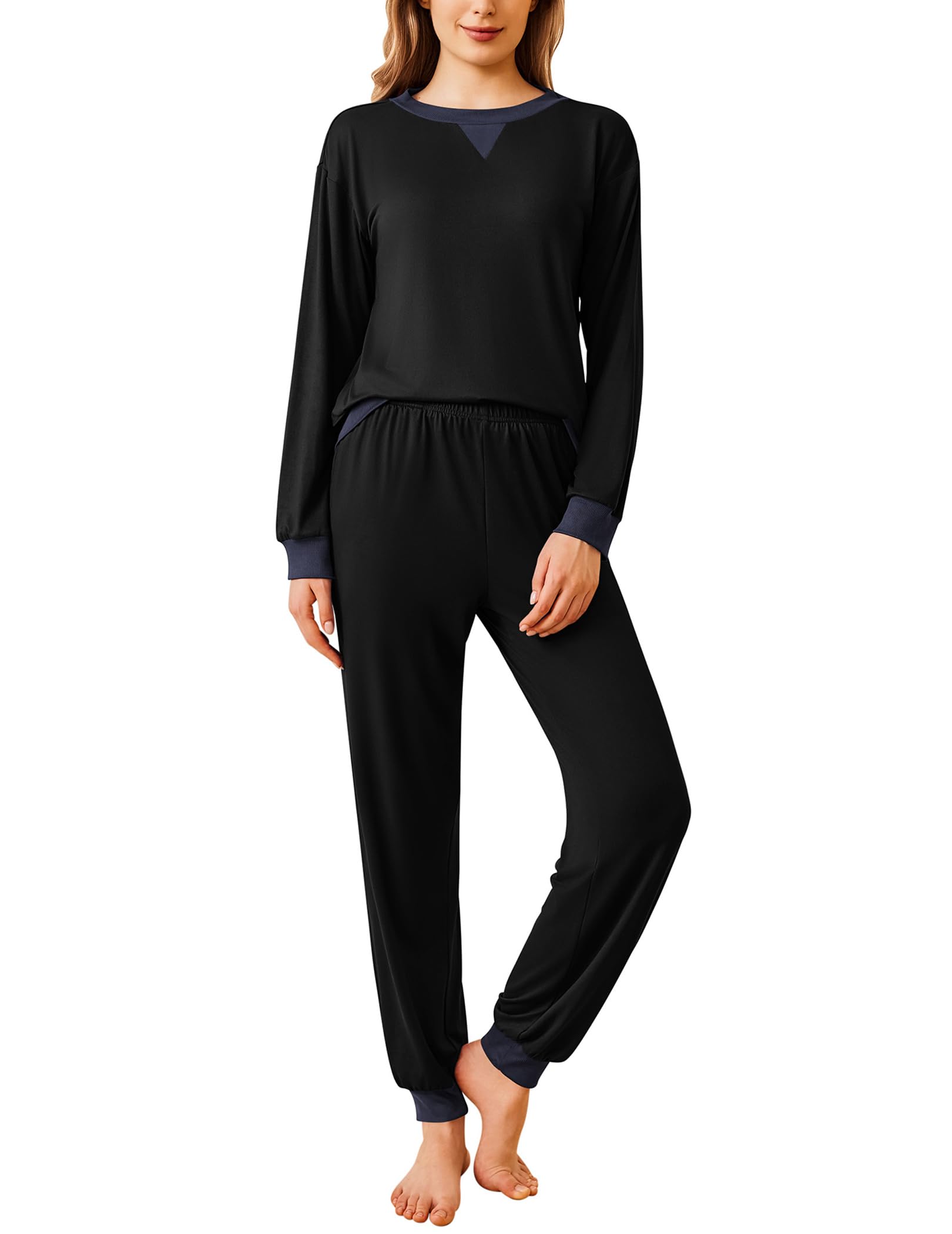Ekouaer Schlafanzug Damen Lang Pyjama Langarm Sternen Schlafanzüge Für Frauen Pyjama Set Mit Tasche Pjs Zweiteiler Winter S-2XL