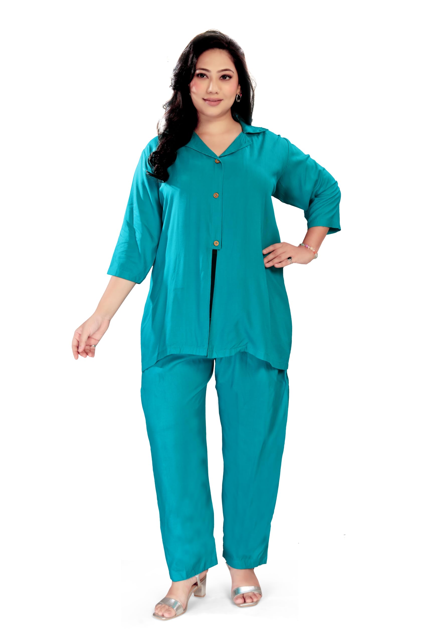 Women's Solid Rayon Co-ord Set | Shirt Collar Button-Down Top & Straight Pants | 3/4 Sleeves | Regular Fit | Casual, Office & Lounge Wear | L, XL, XXL-image-48