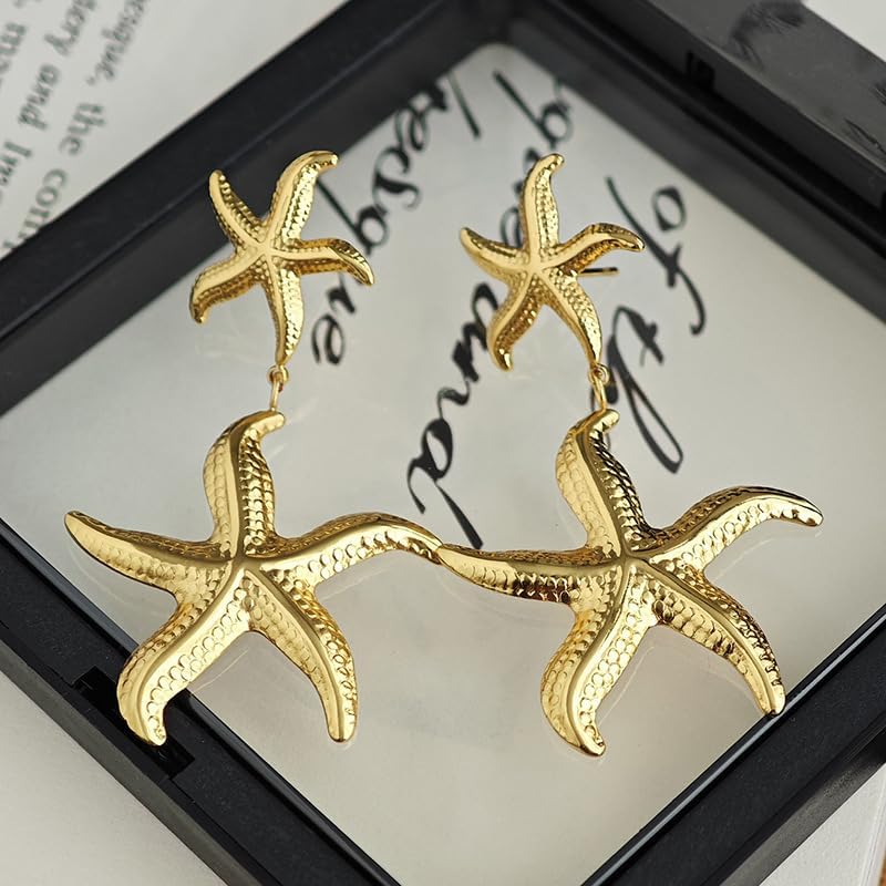 Starfish Earrings Gold Double Starfish Dangle Earrings for Women Stainless Steel Seashell Star Drop Stud Earring Personality Ocean Beach Summer Jewelry Gift(gold) - Image 4