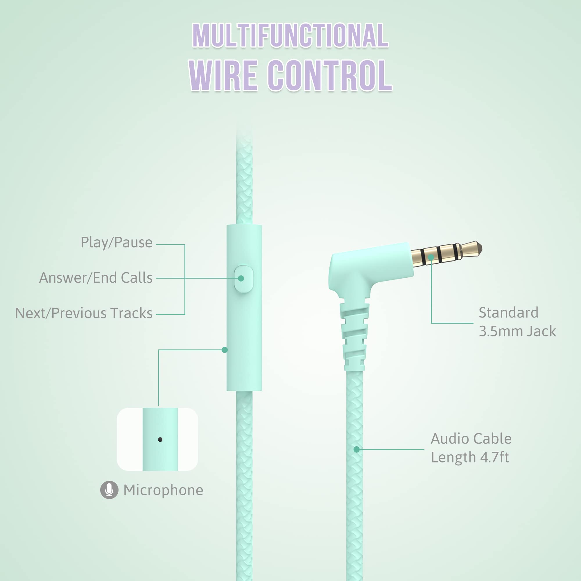 RockPapa L22 Kinder kopfhörer, Kabel Kopfhörer für Kinder, 3,5 mm Aux Jack, Verstellbares Stirnband mit Mikrofon, Faltbarer Kopfhörer Over-Ear für Schule, Travel, Jungen, Mädchen (Hellgrün)