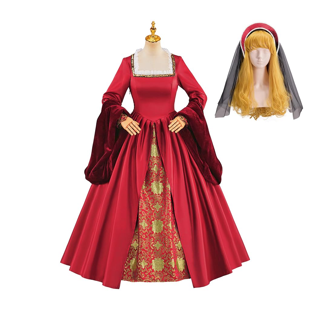 Tudor Queen Anne Boleyn Costume Dress Renaissance Elizabethan Tudor Costume Women Ball Gown with Headpiece (Red, M)