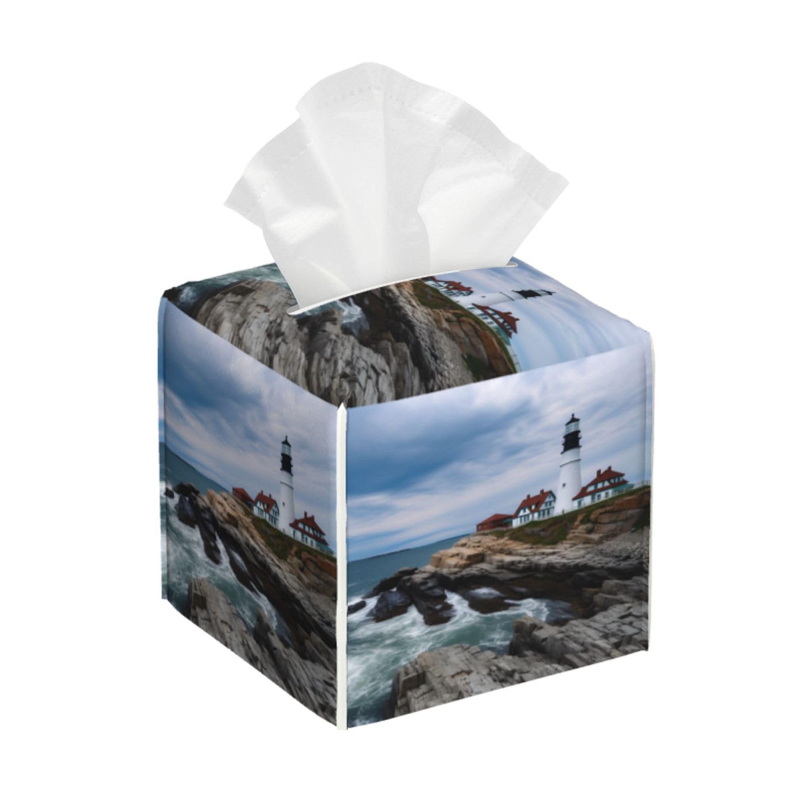 Square Tissue Boxes 5.2"x5.2"x5.2" Tissues Holder Decor for Bathroom Vanity Countertop Home Car Office Lighthouse Beach Sky