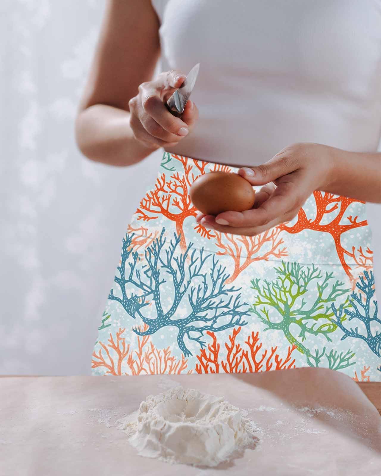 PIEPLE Ocean Coral Server Apron Waitress Aprons with 3 Pockets, Orange Red Green Turquoise Plant Branch Half Waist Waiter Aprons Restaurant Chef Aprons for Women Men