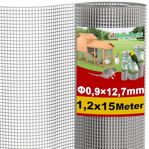 Amagabeli Grillage à Poule Galvanisé 1.2m x 15m - Maille Carrée 12.7mm - Clôture Renforcée pour Poulailler & Volière - Résistant aux Renards/Rongeurs - Jardin & Élevage​