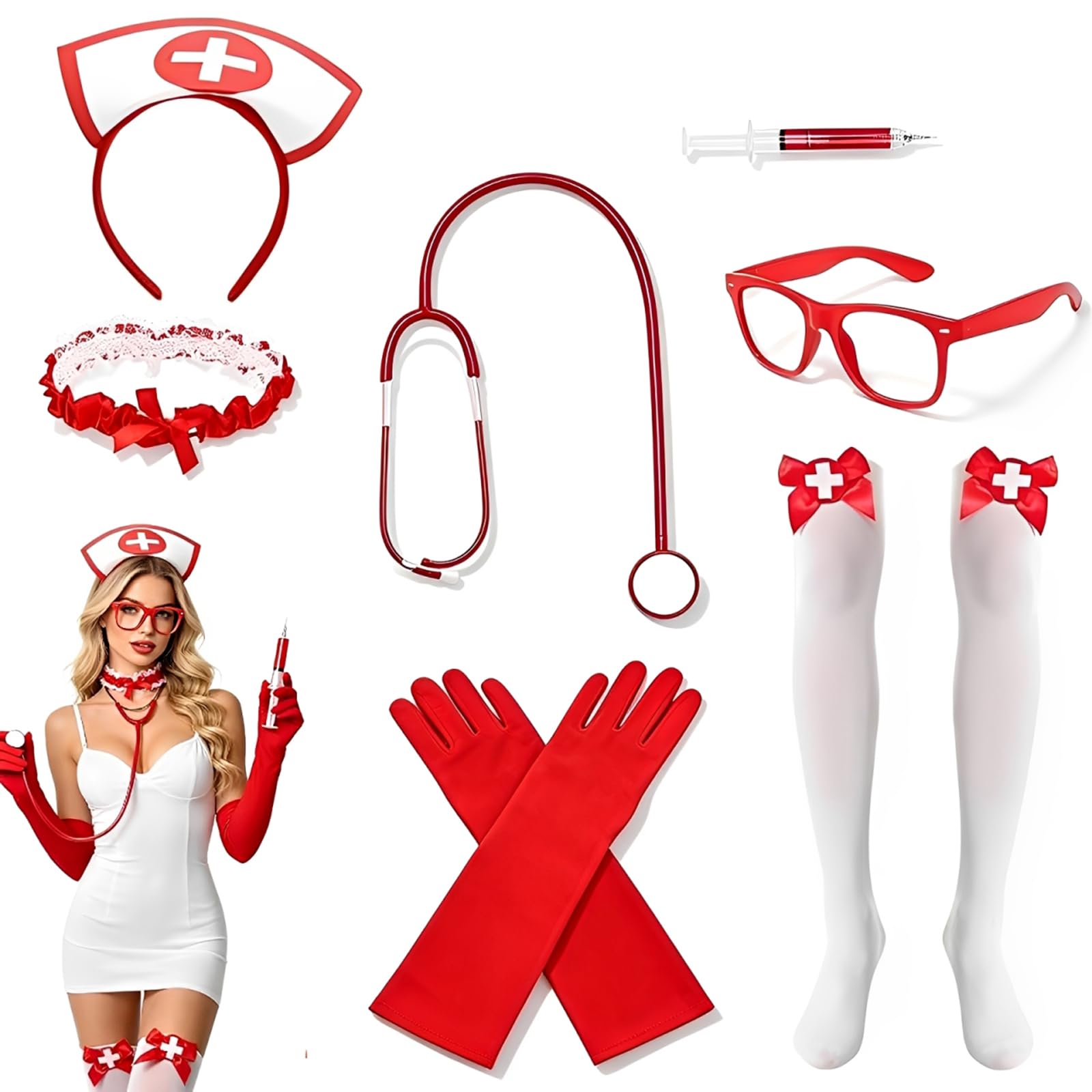 KFSCIP Nurse Outfit for Women, Sexy Nurse Costume Complete 7-Piece Set, Fancy Dress for Themed Parties and Cosplay Events, Adult Nurse Dress with Accessories