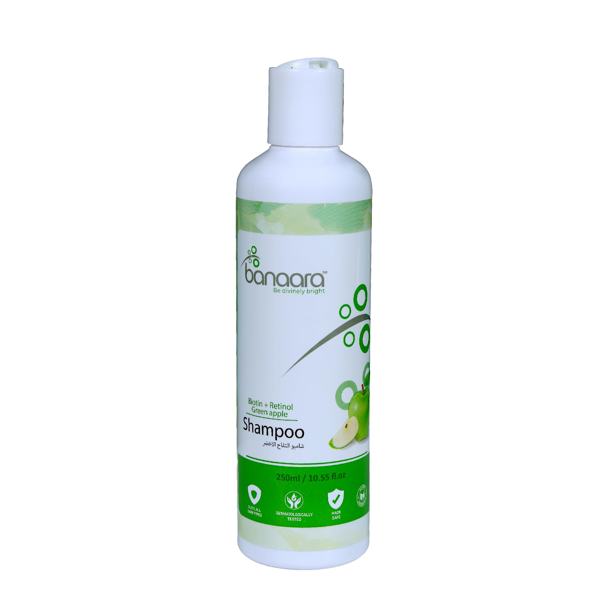 BanaaraHair Shampoo Enriched With Biotion, Retinol & Green Apple-250 Ml, Fruity aroma that makes every shower a refreshing hair clean nourished & silky smooth 100% Repairs Dry and Damaged Hair.