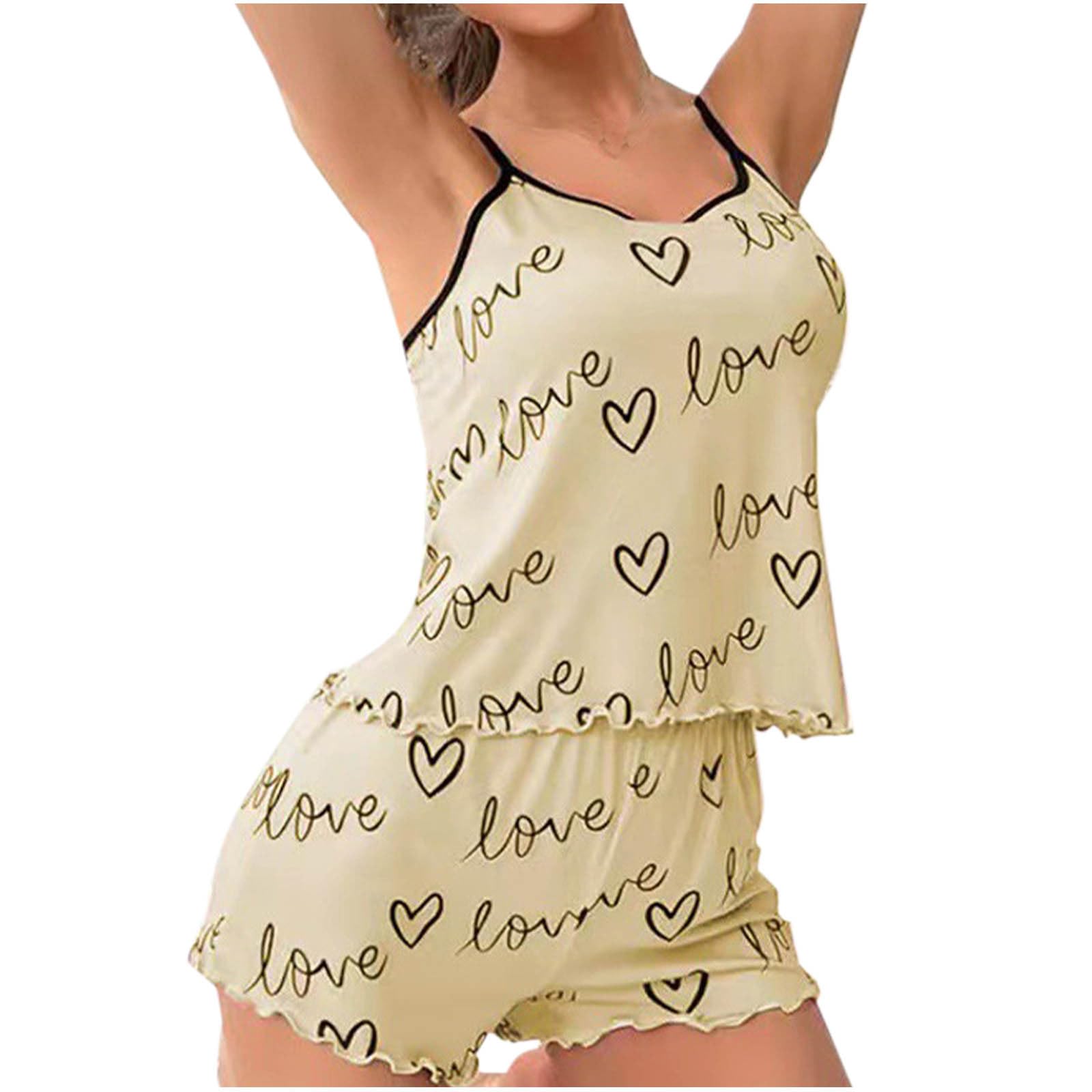 JOAU Womens Y2k Lounge Sets Sleeveless Love Heart Print Pajama Set Cami Top and Ruffle Shorts Lingerie 2