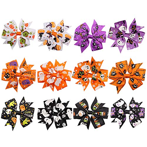 Rocutus 12pcs/Set Halloween's Day Bow Knot Hair Pins Boutique Clips Grosgrain Ribbon Halloween