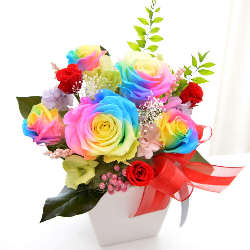 【高級プリザーブドフラワー】プリザーブドフラワーレインボーローズの花束 Amazon｜100% プリザーブドフラワー ギフト アレンジ [レインボー