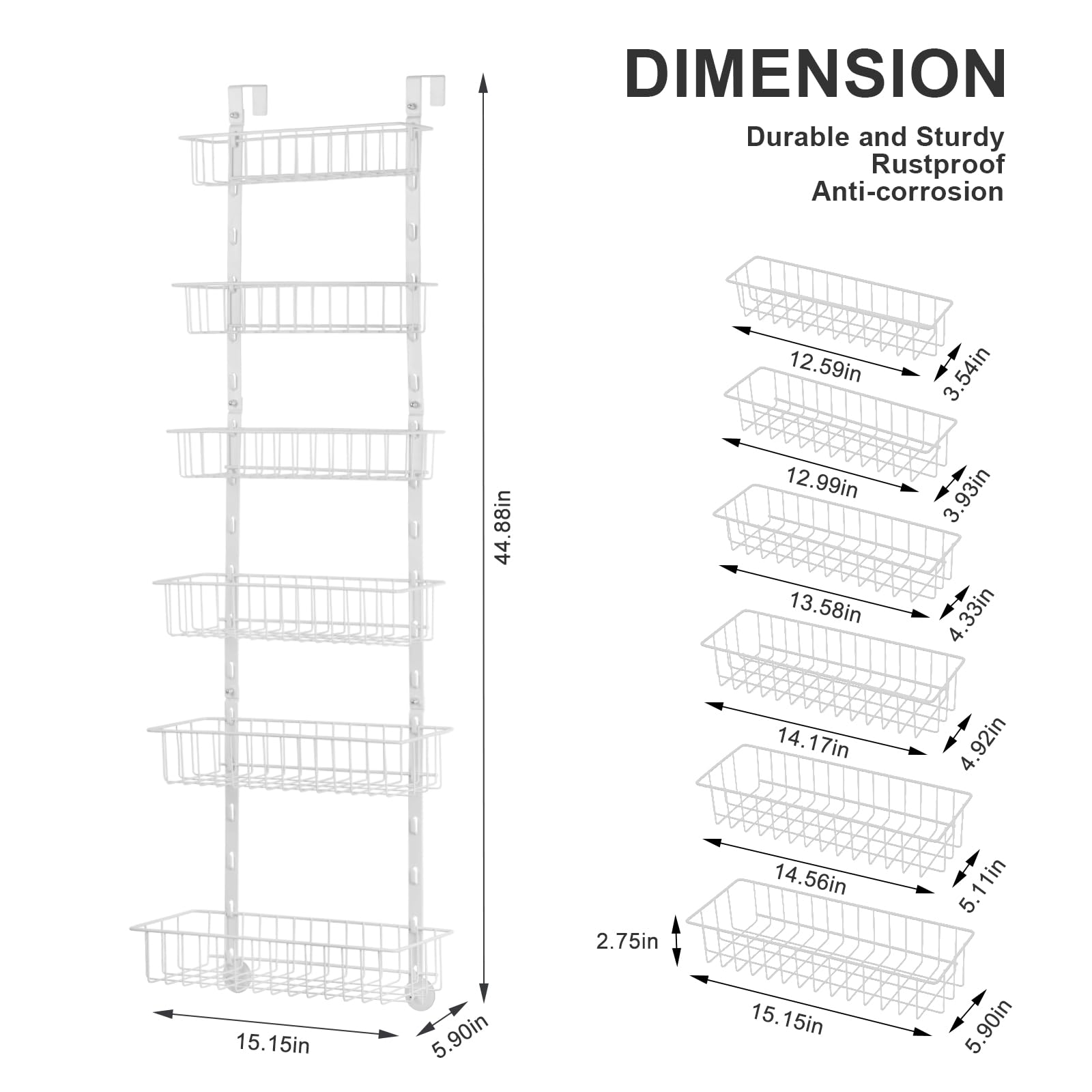 Fogein 6-Tier Over the Door Pantry Organizer, Wall Mounted Over Door Rack, Pantry Organization and Storage with Adjustable Baskets, Hanging Spice Rack for Pantry Door Organizer Kitchen, White
