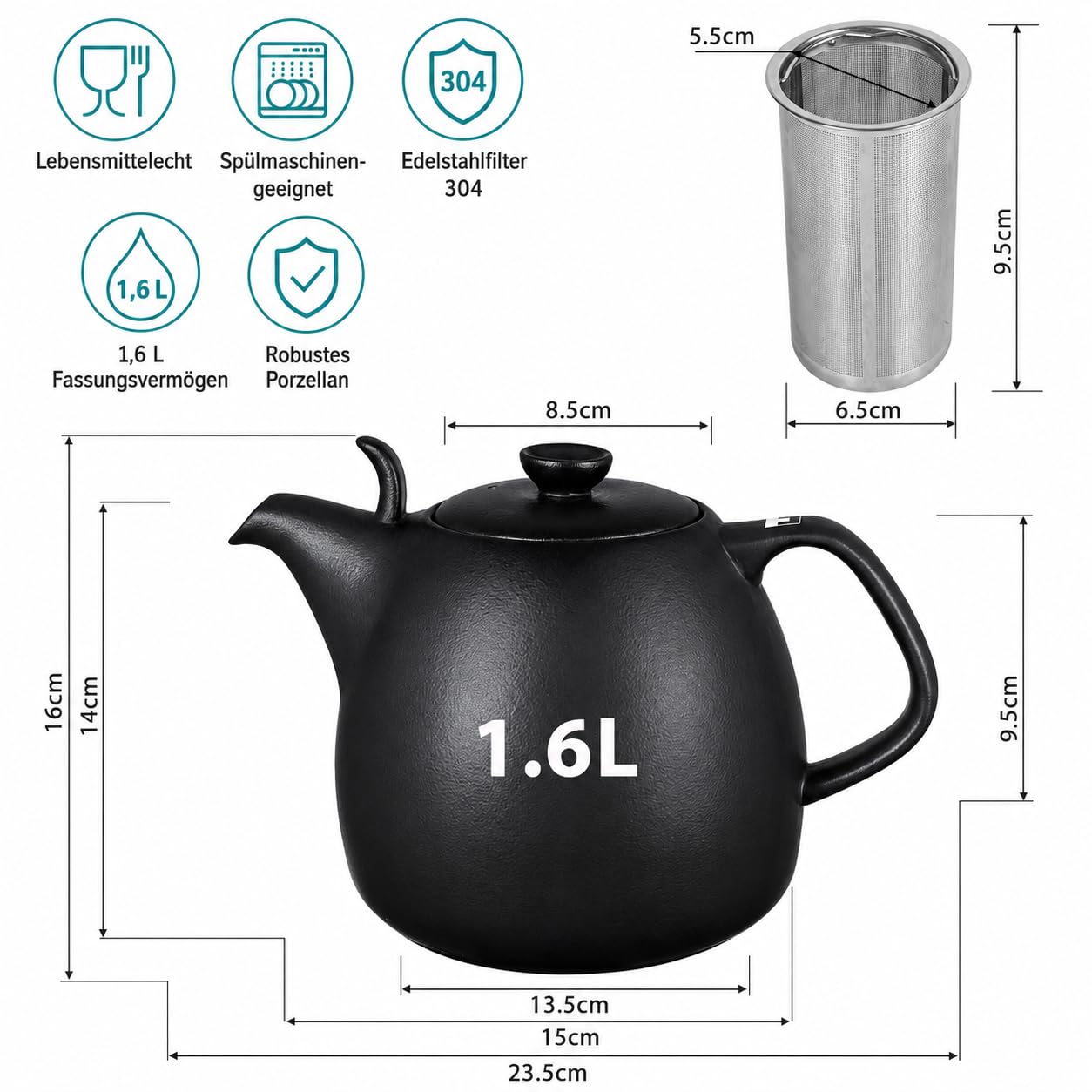 Urban Lifestyle Teekanne mit Stövchen 1,6 L Porzellan Teekanne Schwarz Matt mit Siebeinsatz aus Edelstahl für losen Tee Teekanne mit Stövchen und Tea Pot Kopenhagen