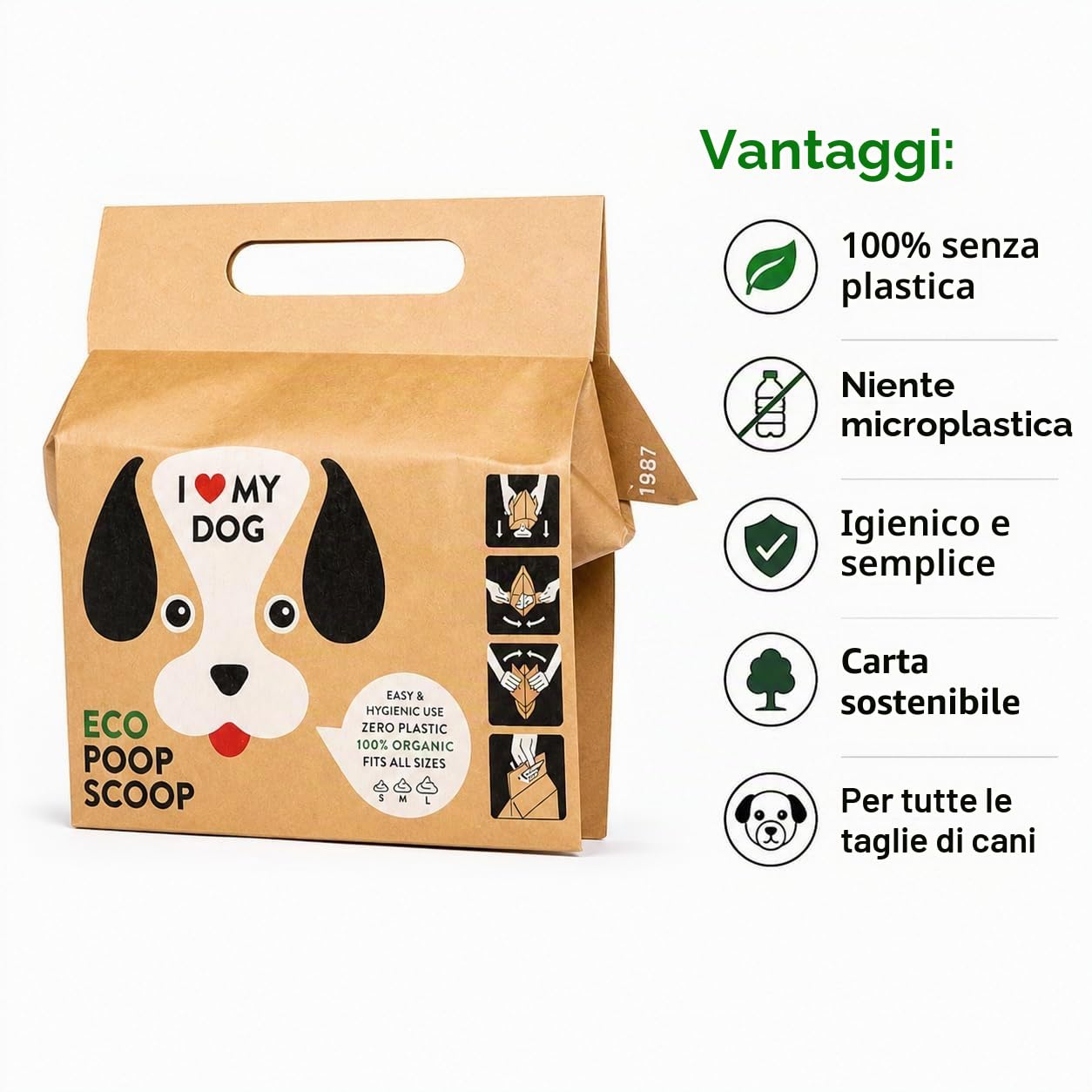 Eco Poop Scoop Sacchetti per escrementi di cani con manico e biodegradabili (360 pezzi, cartone) – sacchetti compostabili per cani e cuccioli di taglia piccola, media e grande – sacchetti per