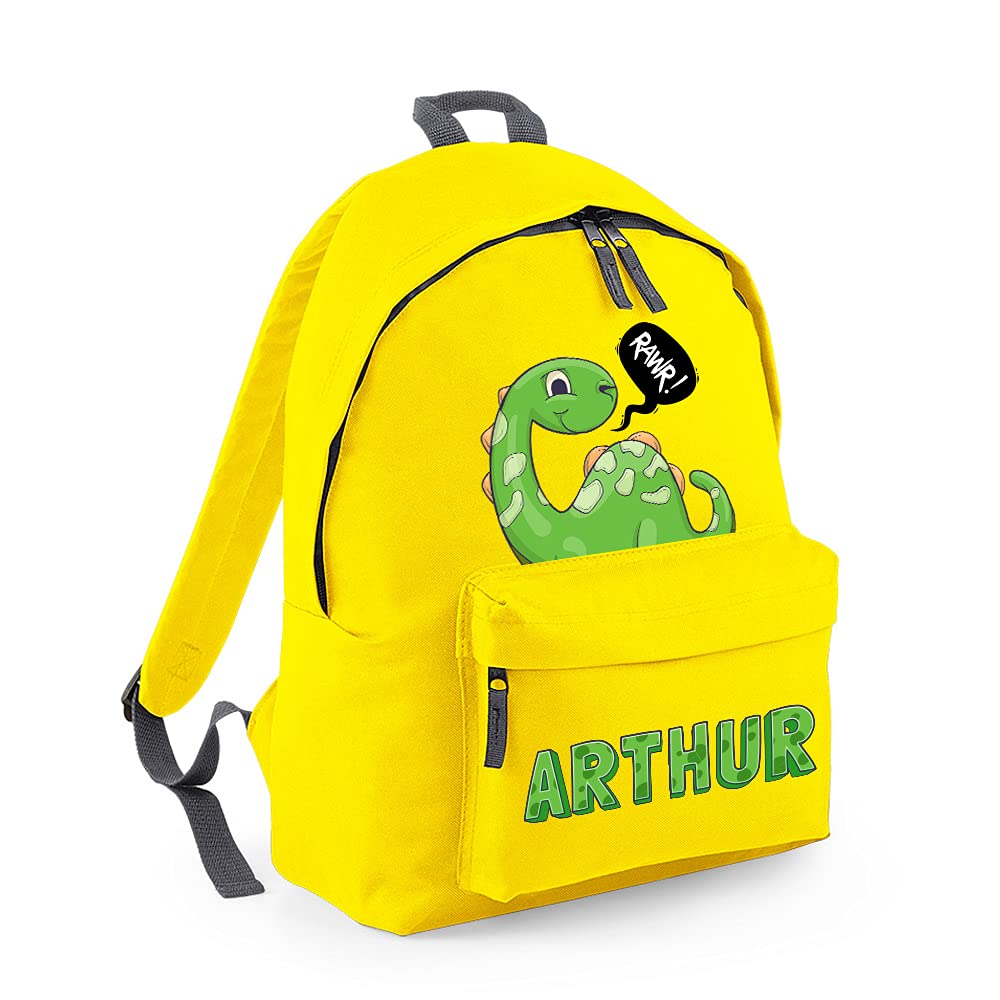 Getagift Women's Yellow Graphite Grey Personalised With Any Name Dinosaur Rawr Fashion Backpack, Toddler Backpack For Nursery/Preschool/Travel/Kindergarten, Kids/Teen Fashion Daypack Rucksack Shoulder Bag. (Yellow Graphite Grey)