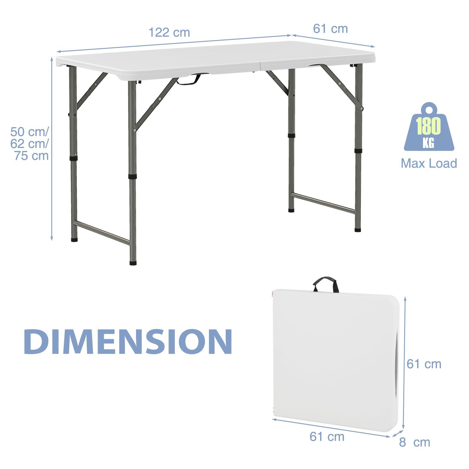 KOMFOTTEU Tavolo Pieghevole Regolabile in Altezza，122 x 61 x 50/62/74 cm | Tavolo da Campeggio, Picnic Richiudibile e Portatile con Maniglia di Trasporto, in HDPE, Telaio in Ferro, Bianco